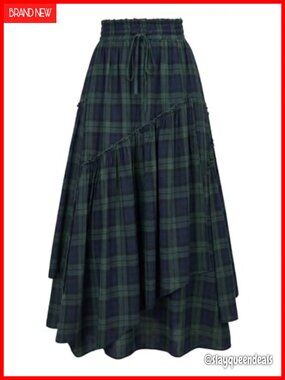 A-Line Plaid Maxi Skirt Tiered Flowy Renaissance Pirate Long Skirt